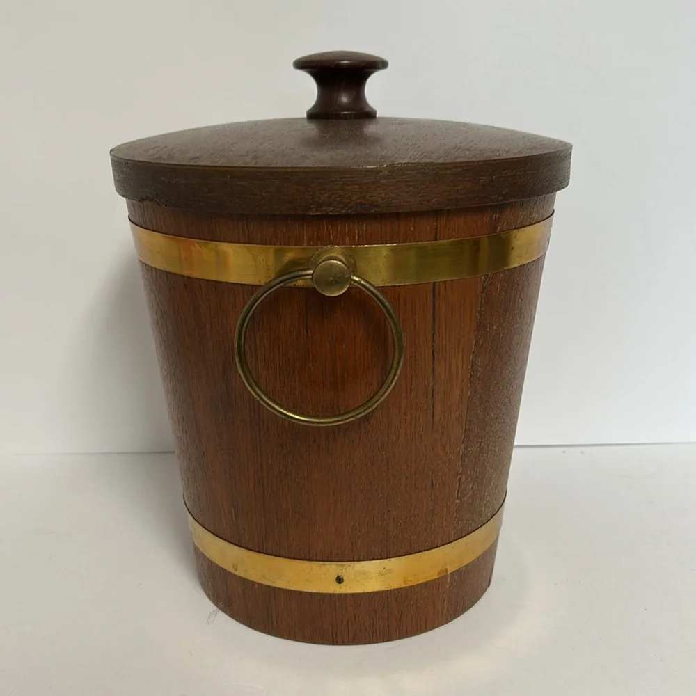 Vintage MCM 60s 70s Teak Wood Brass Belted Lidded Ice Bucket With 2 Ice Tongs
